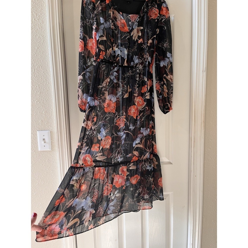 Who What Wear XS Sheer Long Sleeve Dark Floral Midi Dress Boho Romantic Feminine